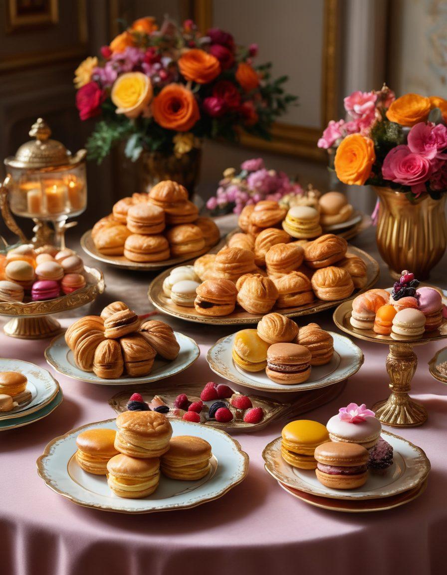 A luxurious table setting adorned with an array of decadent pastries, showcasing intricate details like golden flaky croissants, colorful macarons, and rich chocolate desserts. Soft, warm lighting highlights the textures and glazes, evoking a sense of indulgence and temptation. Surround the pastries with delicate flowers and ornate cutlery to enhance the opulence. dreamy and inviting atmosphere. super-realistic. vibrant colors. soft-focus background.