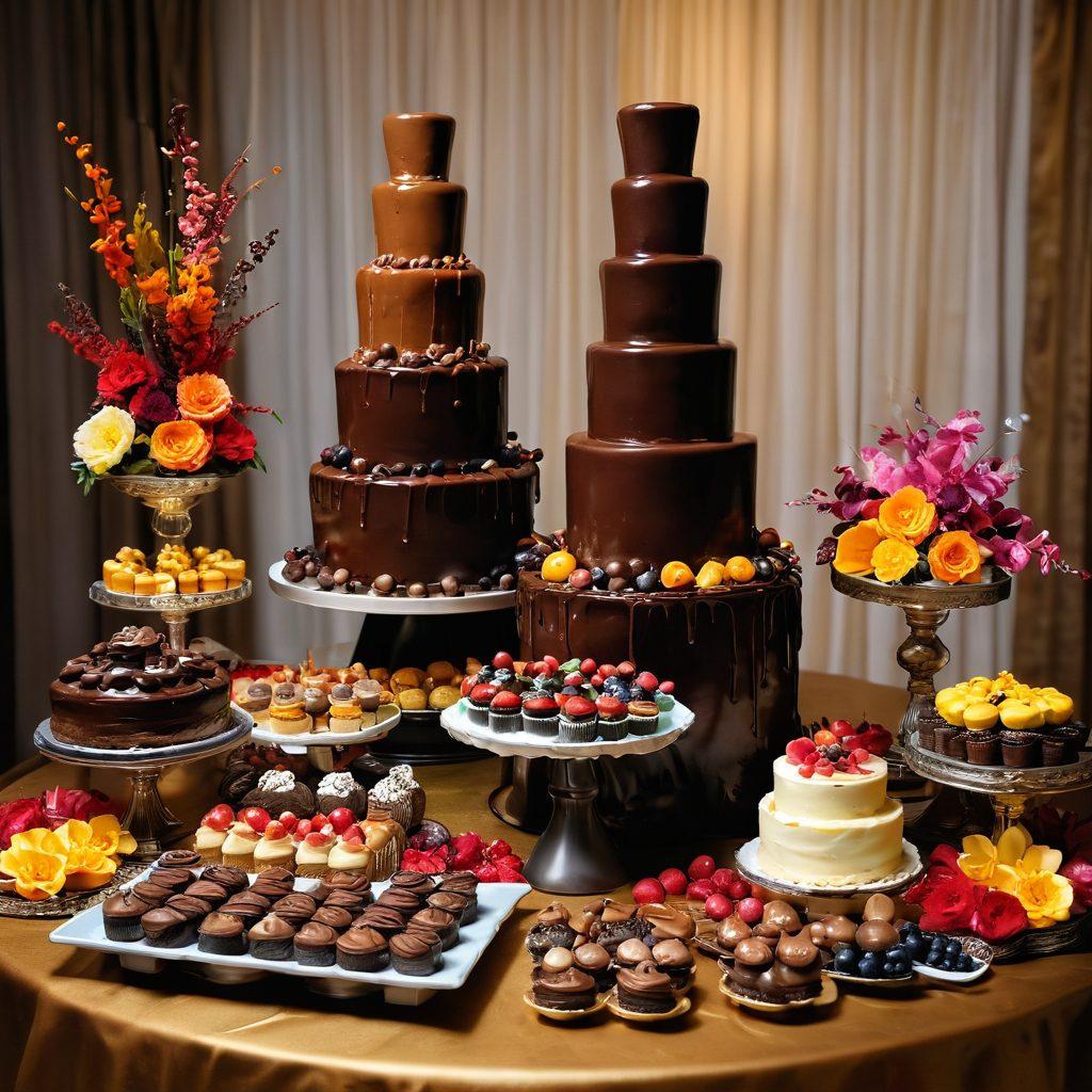 A lavishly decorated table filled with a variety of gourmet cakes and scrumptious sweets, showcasing intricate designs and vibrant colors. Include a cascading chocolate fountain and edible flowers for a touch of elegance. Warm, ambient lighting casts a glow over the desserts, inviting the viewer to indulge. super-realistic. vibrant colors. soft focus.