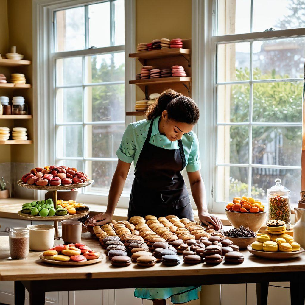 A warm, inviting kitchen scene with a wooden table covered in freshly baked pastries, colorful macarons, and a decadent chocolate cake. A baker in a flour-dusted apron is rolling out dough, surrounded by jars of sprinkles and vibrant fruits. Soft sunlight filters through a window, highlighting the textures of the baked goods. The walls are adorned with framed baking recipes and artful utensils. A cozy roaster and potted herbs add to the homey ambiance. super-realistic. vibrant colors. soft sunlight.